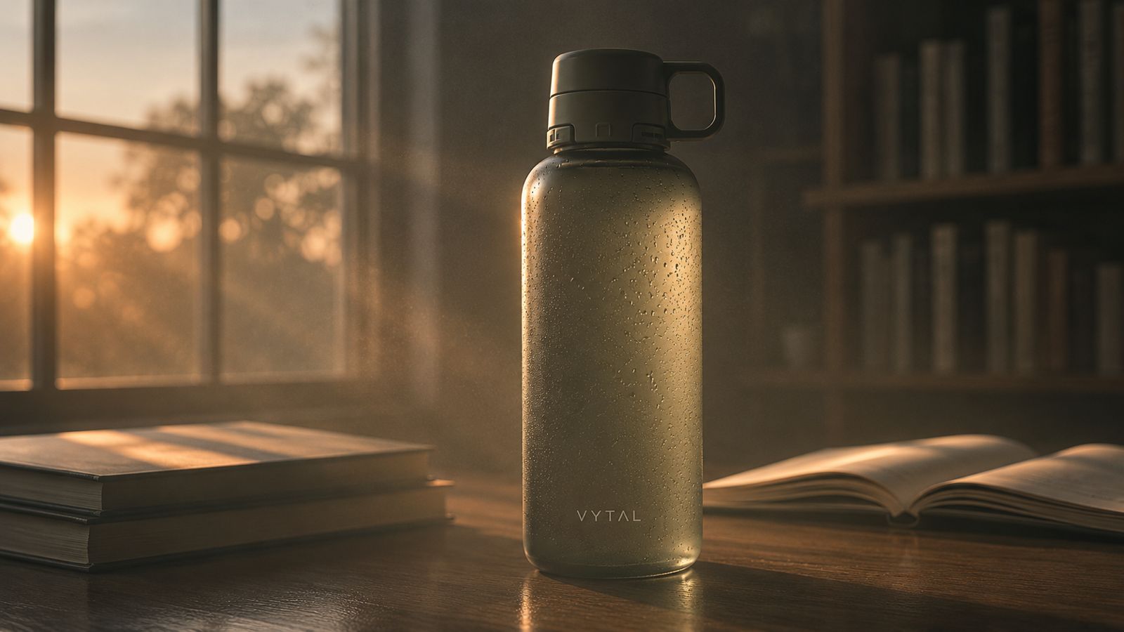 VYTAL Starter Kit — pflanzliche Energie-Tablette löst sich in einer Glasflasche auf einem ruhigen Schreibtisch auf