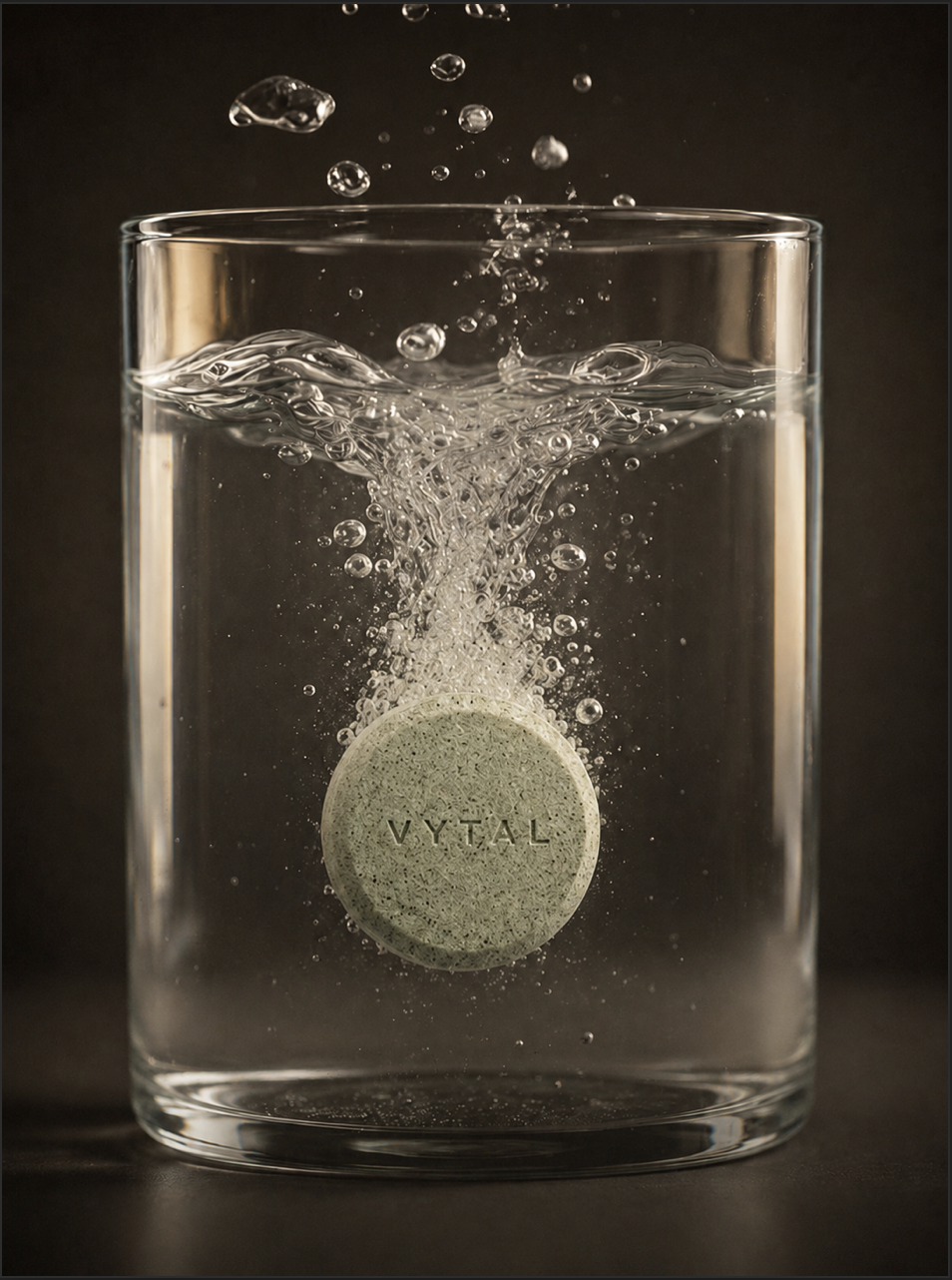 Eine salbeigrüne Tablette löst sich in einem Glas Wasser auf